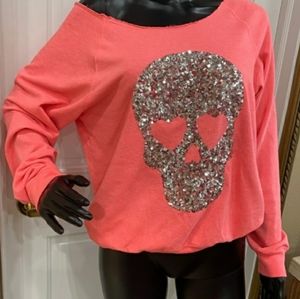 VS PINK SMALL CORAL SEQUIN SKULL CREW SWEATER